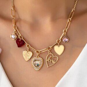 Charm necklace - Paperclip chain -Hearts Rhinestones Pearls Gold Plated